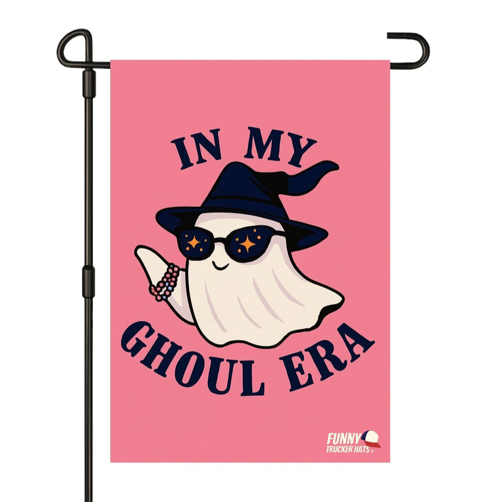Pink garden flag with a ghost wearing sunglasses and a witch hat, text 'In My Ghoul Era', on a white background.