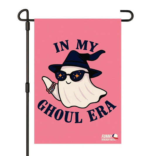 Pink garden flag with a ghost wearing sunglasses and a witch hat, text 'In My Ghoul Era', on a white background.