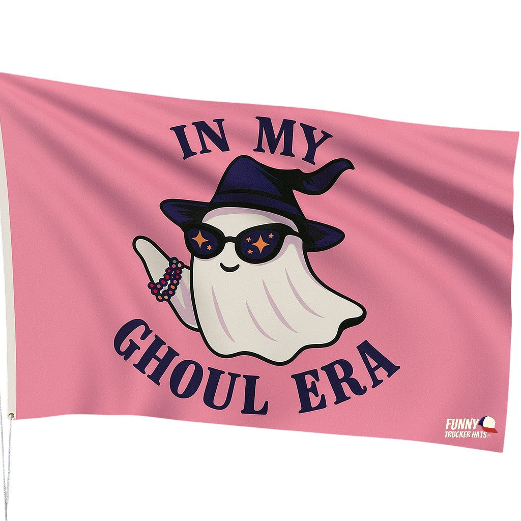 Pink flag with a ghost wearing sunglasses and a hat, text 'IN MY GHOUL ERA' on a white background.