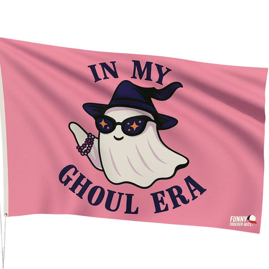 Pink flag with a ghost wearing sunglasses and a hat, text 'IN MY GHOUL ERA' on a white background.