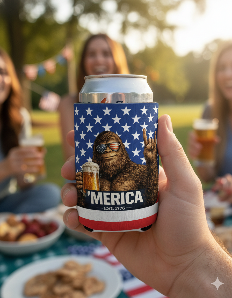 Merica' Bigfoot American Flag Funny Beer Can Cooler Holder Sleeve