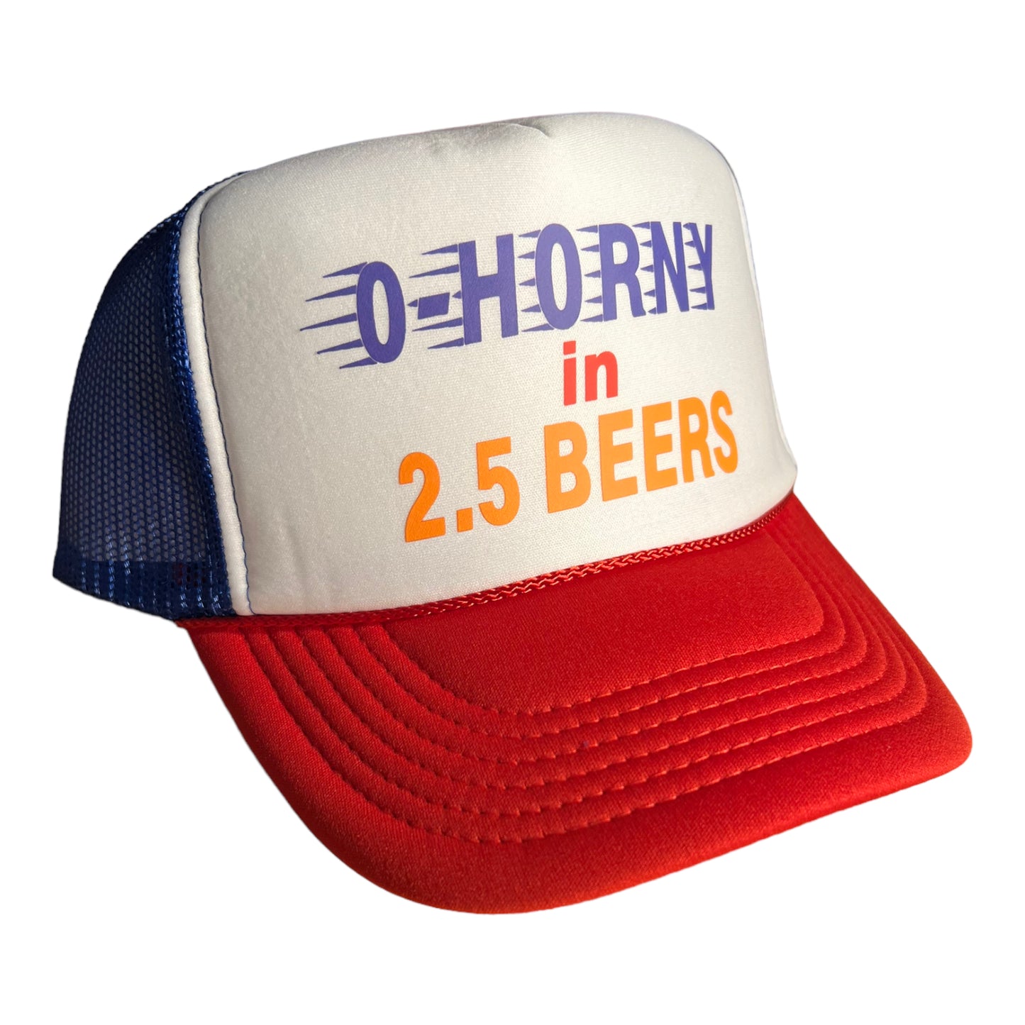 0- Horny In 2.5 beers Trucker Hat Funny Trucker Hat Red/White/Blue