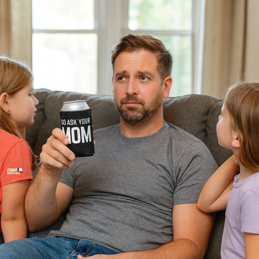 Go Ask Mom Funny beer can coolie Slim Or Regular Size