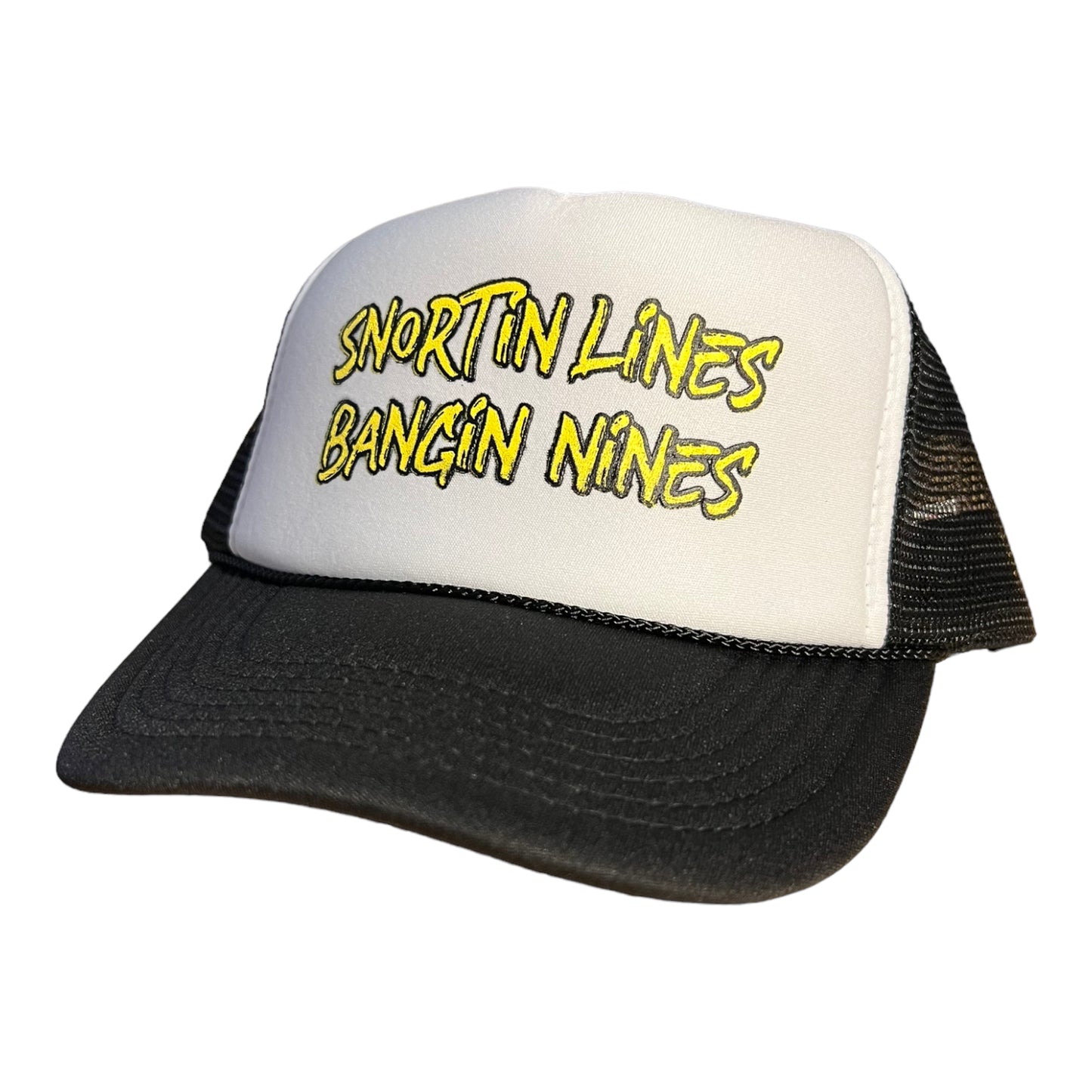 Snortin Lines Bangin Nines Trucker Hat Funny Trucker Hat Black/White