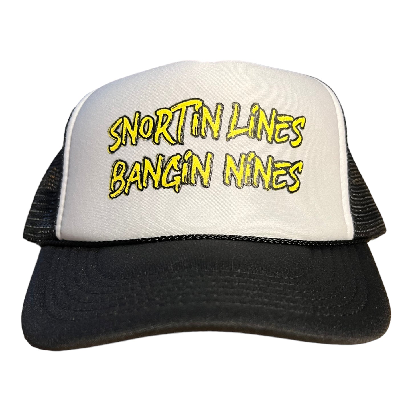 Snortin Lines Bangin Nines Trucker Hat Funny Trucker Hat Black/White