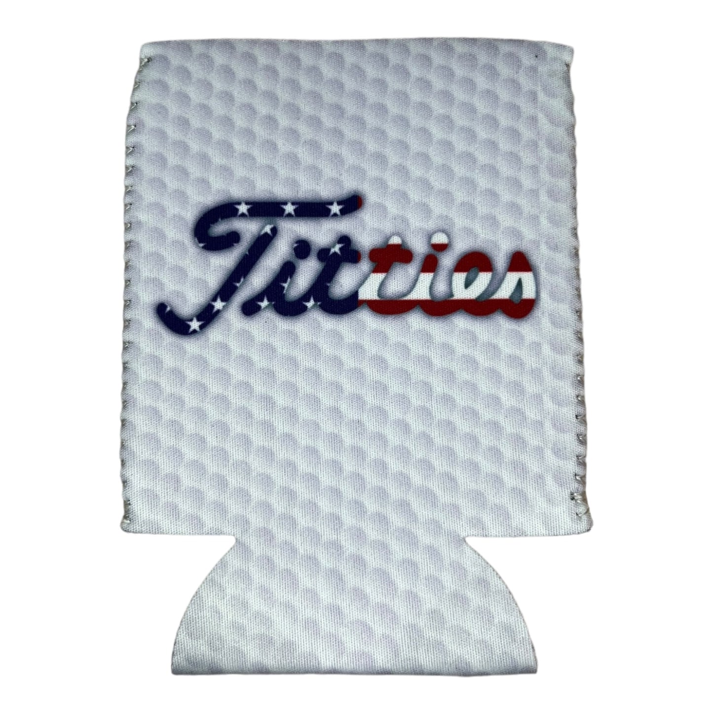 Titties Beer Golf Can Cooler Holder Sleeve (Red/White/Blue text)