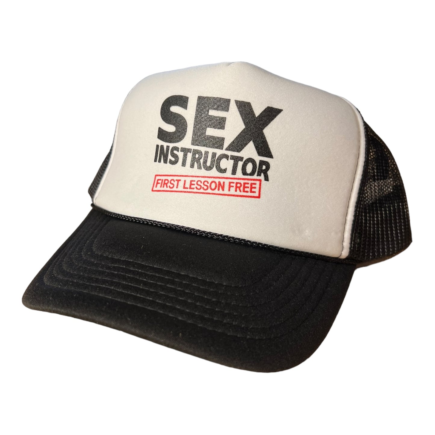 Funny Instructor First Lesson Free Trucker Hat Funny Trucker Hat Black/White