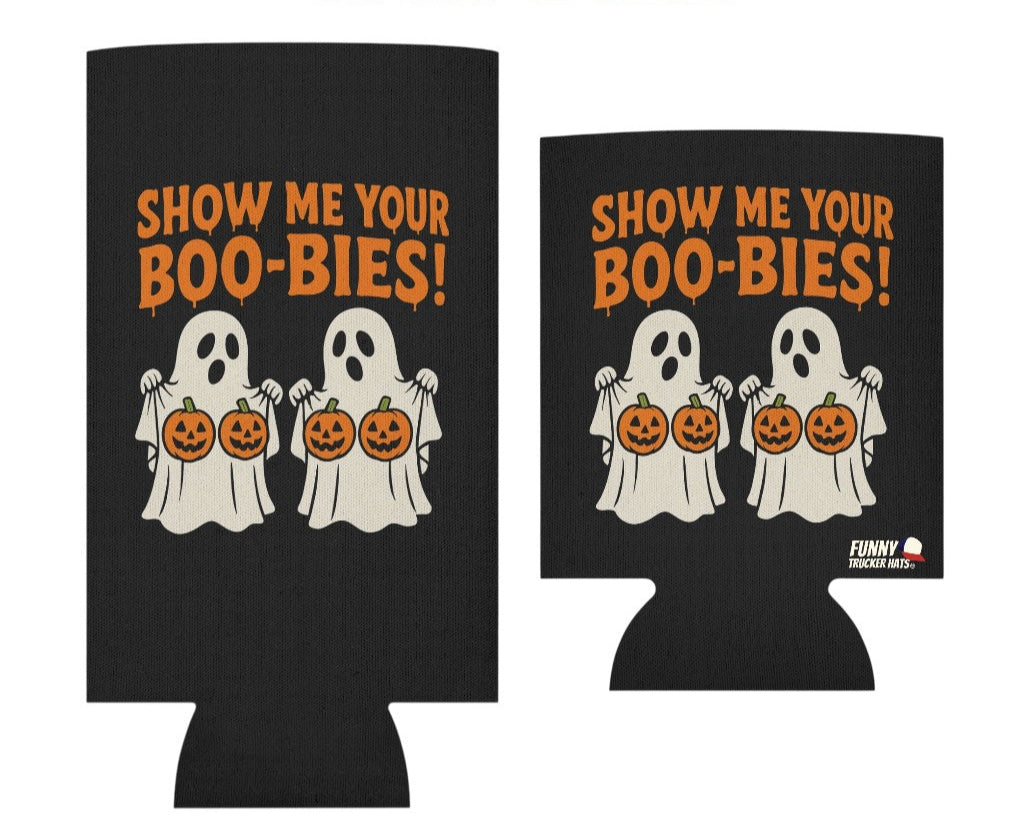 Two black can coolers with ghost and pumpkin design and text 'Show Me Your Boo-Bies!'.