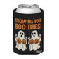 Halloween-themed can cooler with ghosts and text on a white background
