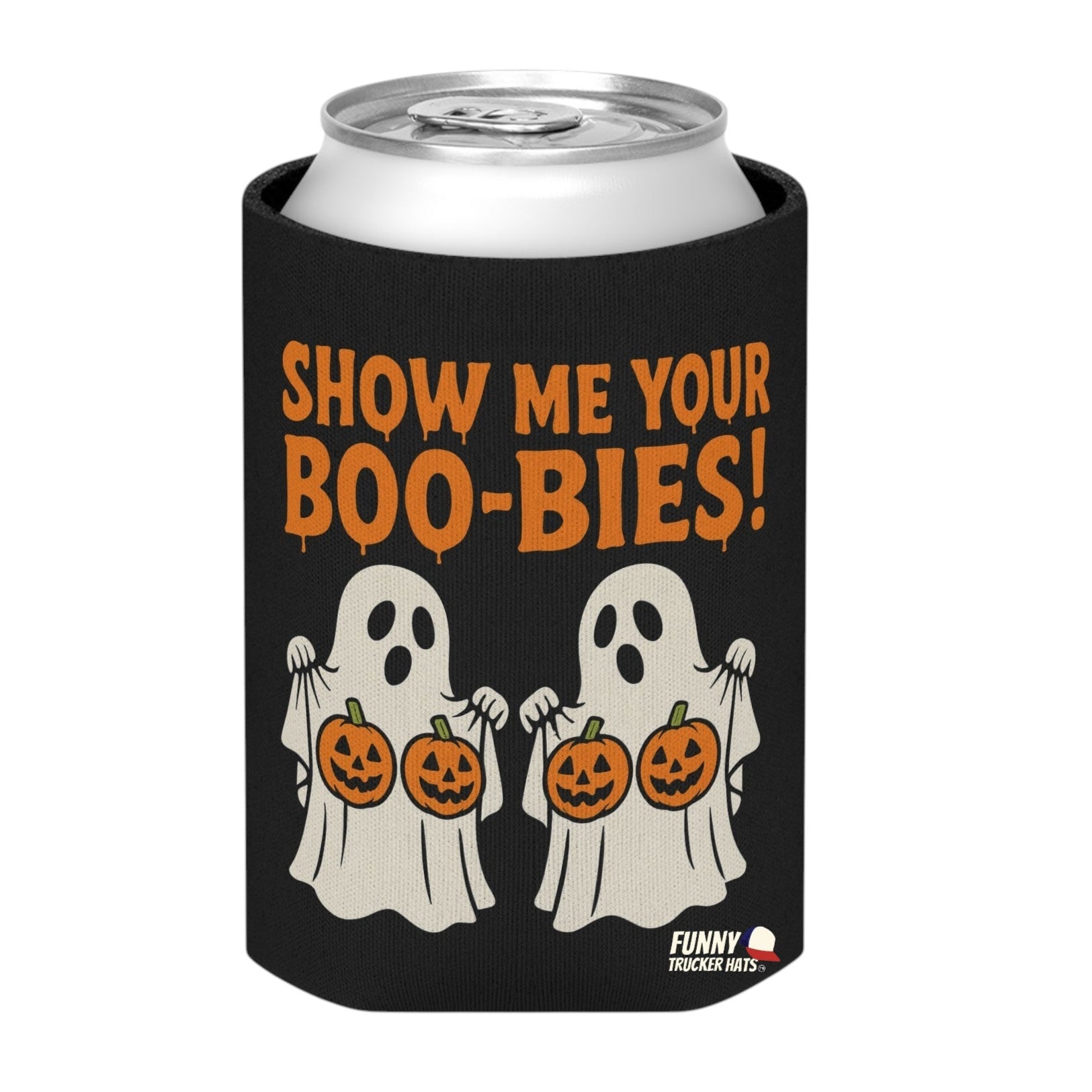 Halloween-themed can cooler with ghosts and text on a white background