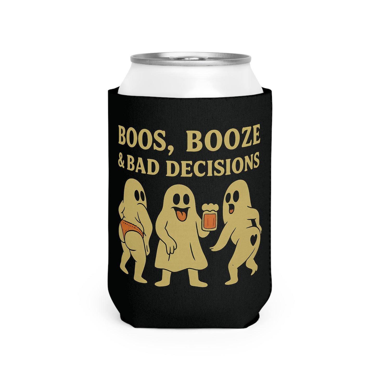 Boos Booze & Bad Decisions Halloween Ghost Beer Sleeve Coolie