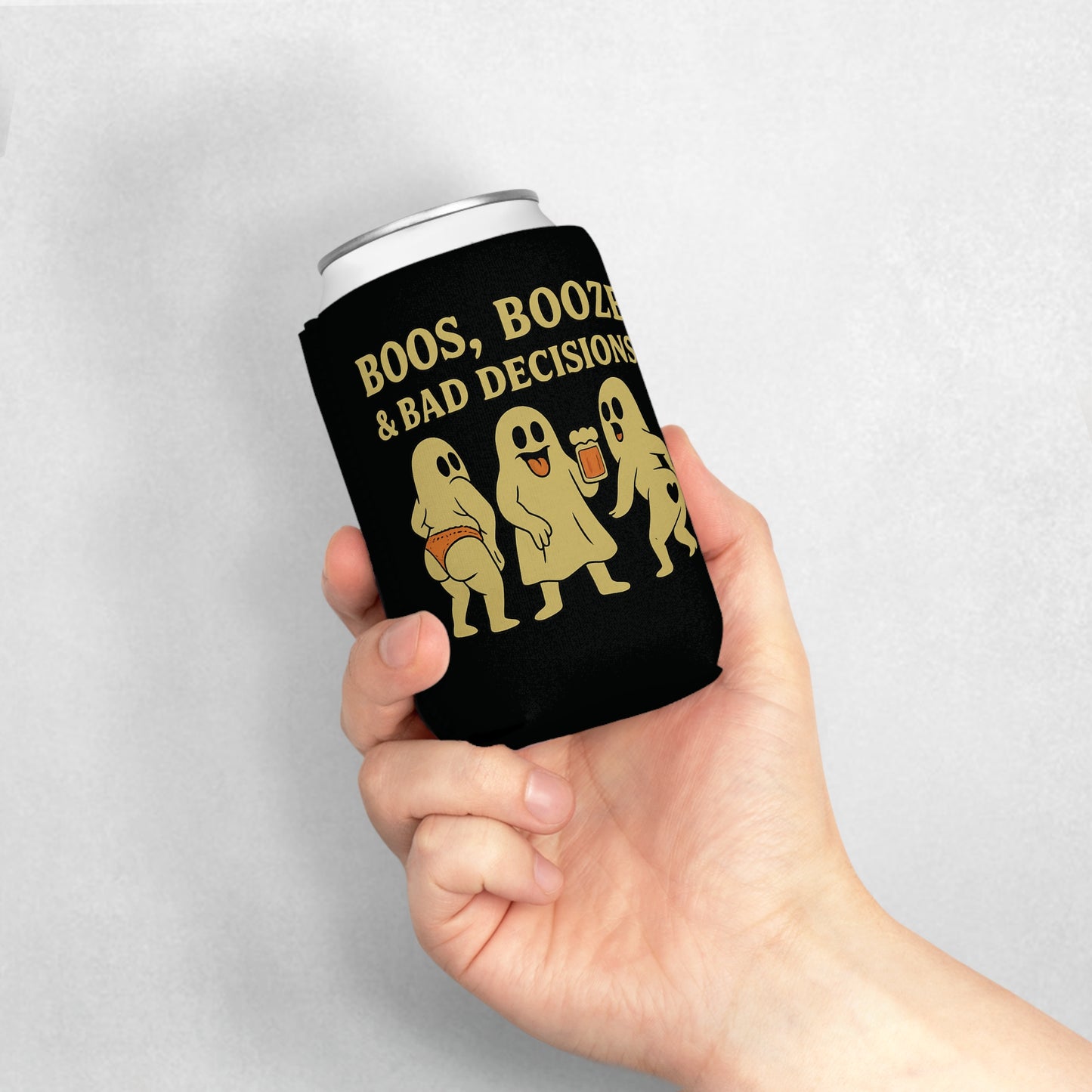 Boos Booze & Bad Decisions Halloween Ghost Beer Sleeve Coolie