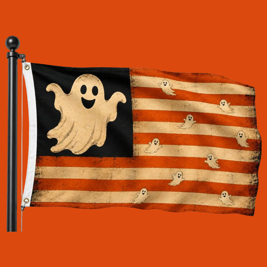 A Halloween-themed flag on a black pole, featuring a black canton with a large beige ghost and red-and-beige horizontal stripes with small scattered ghosts, shown against a plain white background.