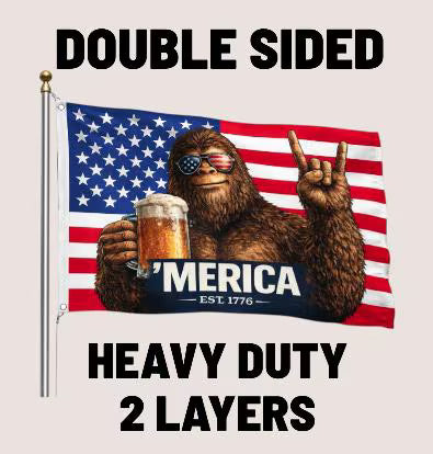 'Merica Bigfoot American Flag | Funny Patriotic Flag | Single or Double Sided | 3x5 & 12x18 Golf Cart Flag