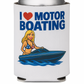 Koozie with 'I ❤️ Motor Boating' text and graphic of a woman on a boat.