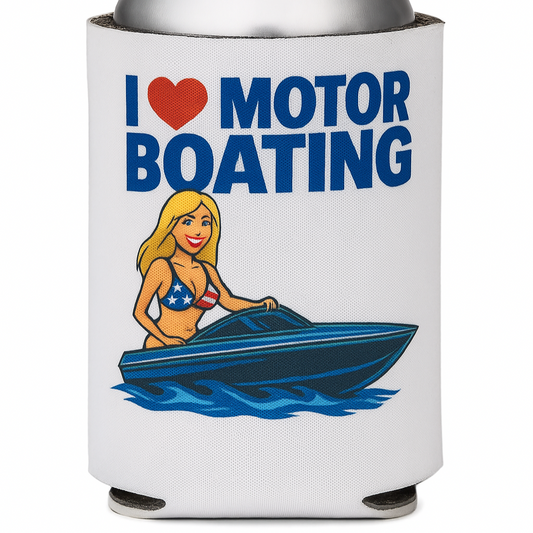 Koozie with 'I ❤️ Motor Boating' text and graphic of a woman on a boat.