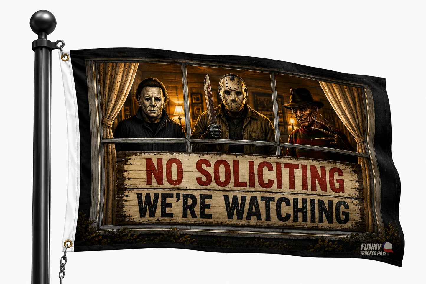 Funny No Soliciting Flag | We're Watching Halloween Flag | 3x5 Horror-Inspired Porch Decor
