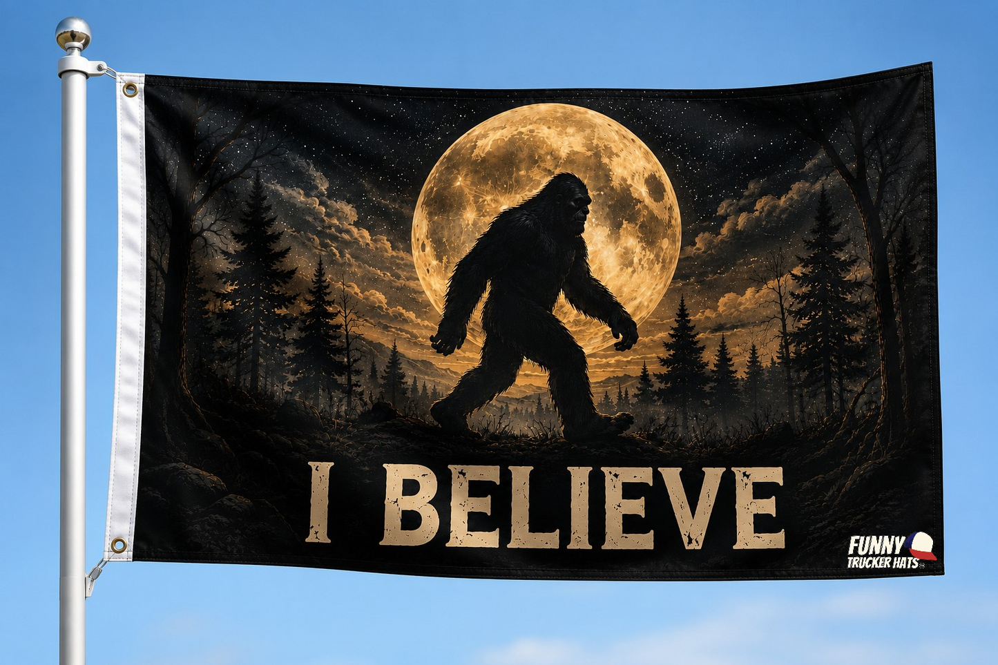 I Believe Bigfoot Flag | Sasquatch Moon Flag | 3x5 Camping & Cabin Flag