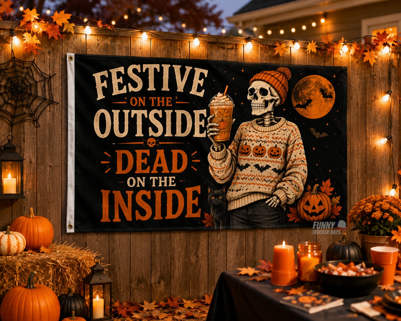Festive On The Outside Dead On The Inside Halloween Flag | Funny Skeleton Fall Flag | 3x5 Porch Decor