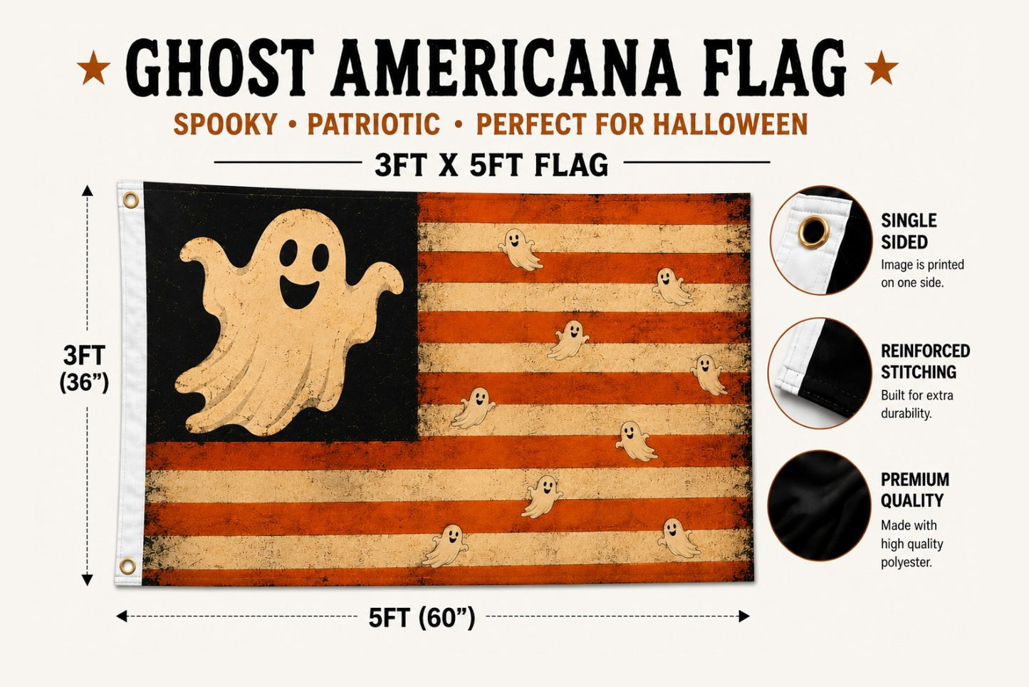 Ghost Americana Halloween Flag | Vintage 3x5 Ghost Flag | Patriotic Halloween Porch Decor