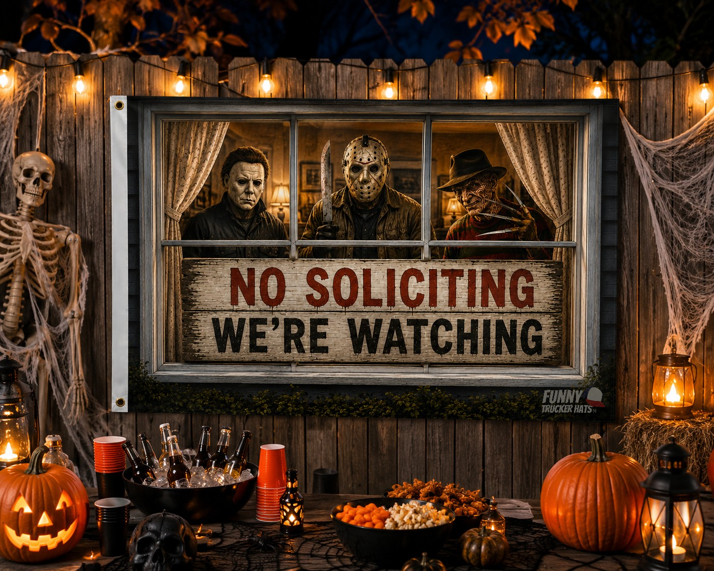 Funny No Soliciting Flag | We're Watching Halloween Flag | 3x5 Horror-Inspired Porch Decor