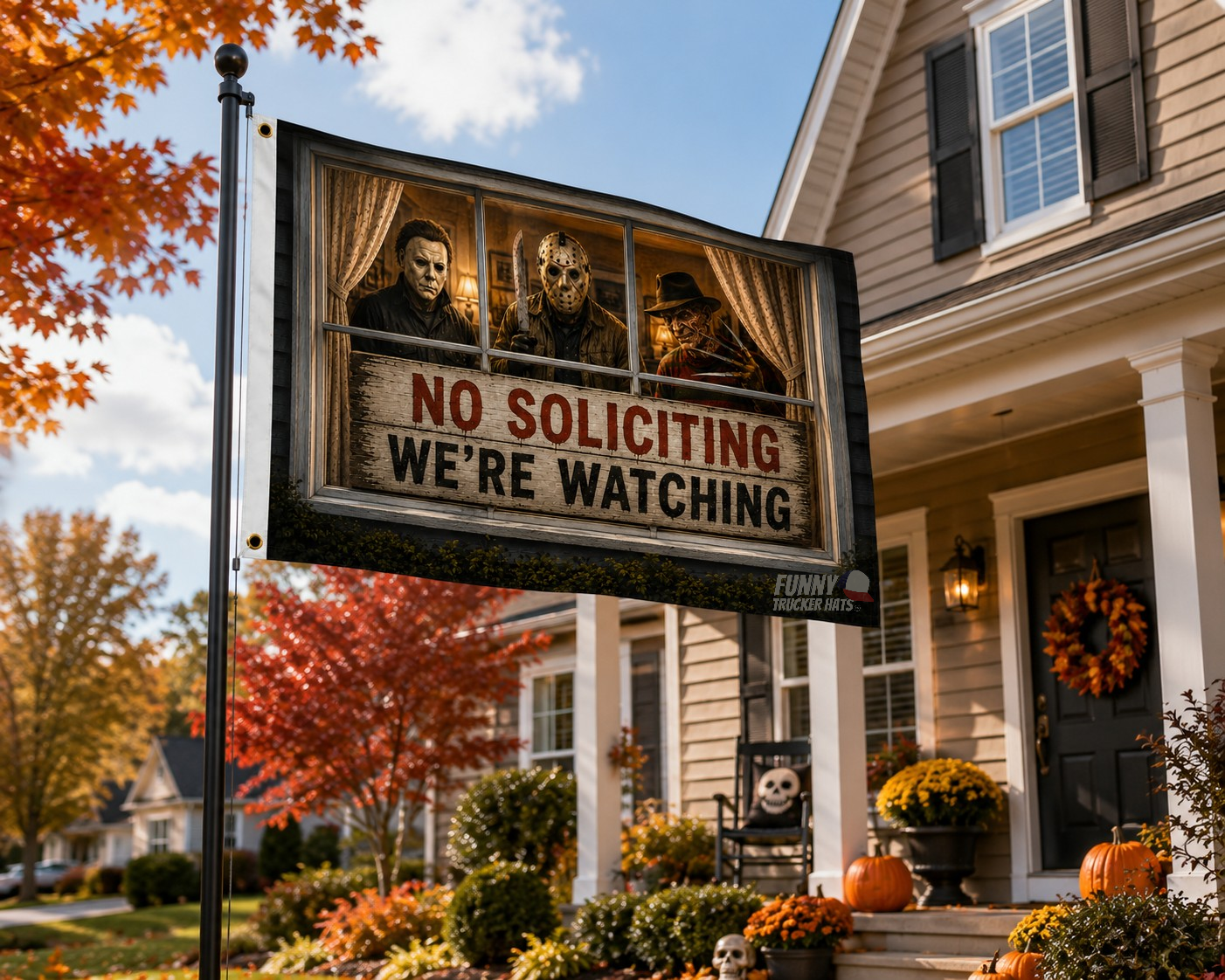 Funny No Soliciting Flag | We're Watching Halloween Flag | 3x5 Horror-Inspired Porch Decor