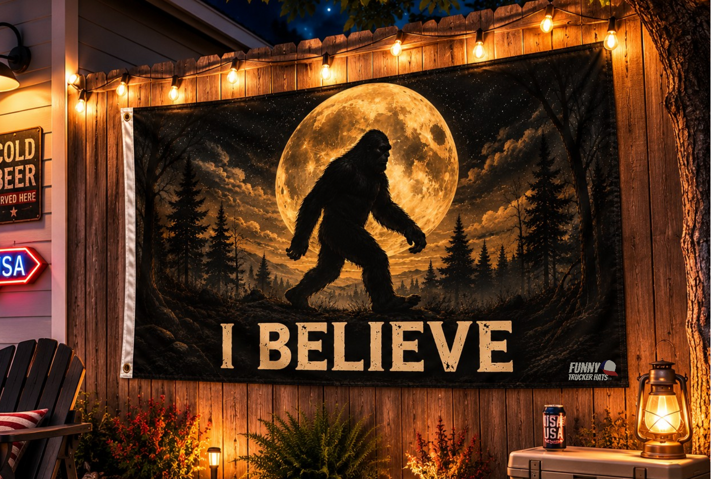 I Believe Bigfoot Flag | Sasquatch Moon Flag | 3x5 Camping & Cabin Flag