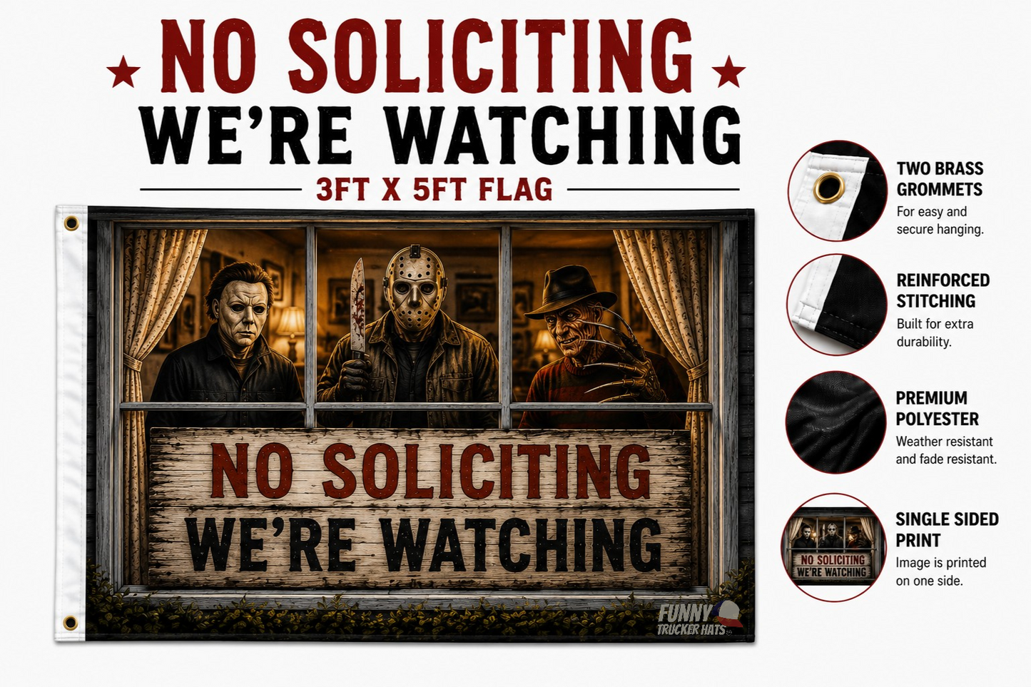 Funny No Soliciting Flag | We're Watching Halloween Flag | 3x5 Horror-Inspired Porch Decor