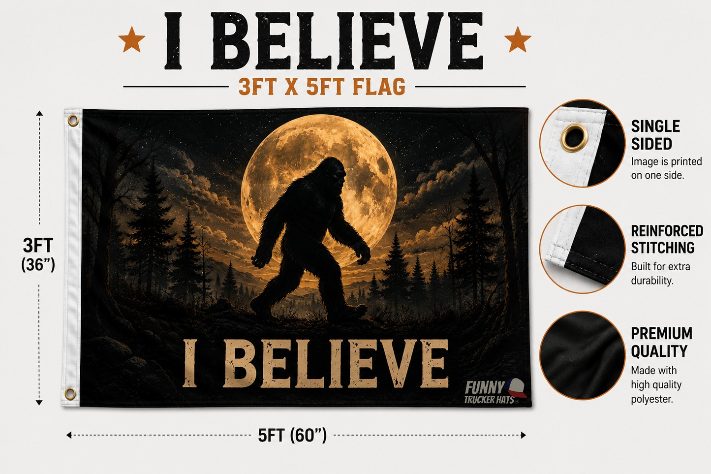 I Believe Bigfoot Flag | Sasquatch Moon Flag | 3x5 Camping & Cabin Flag