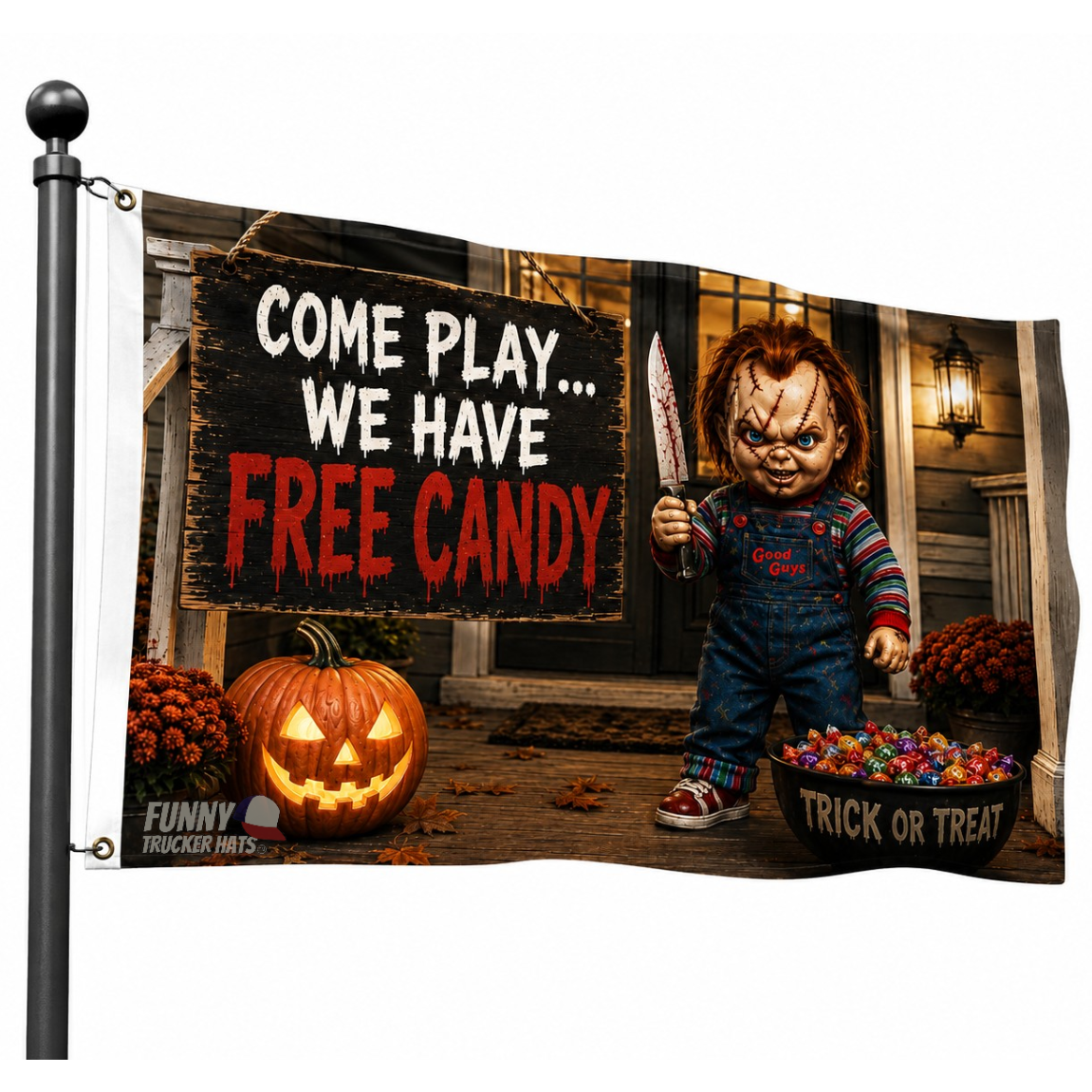 Come Play... We Have Free Candy Halloween Flag – Scary 3x5 Porch & Haunted House Decor