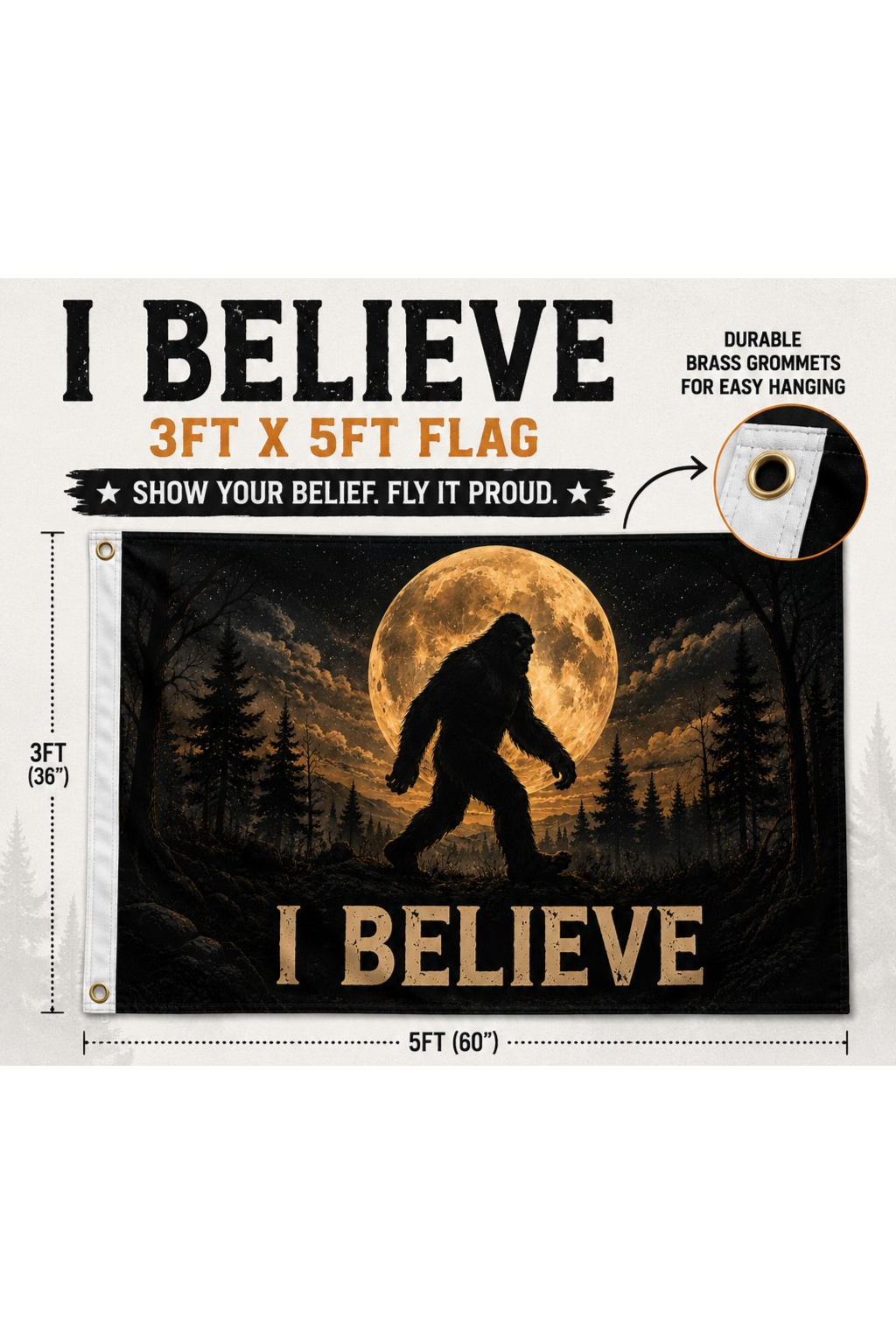 I Believe Bigfoot Flag | Sasquatch Moon Flag | 3x5 Camping & Cabin Flag