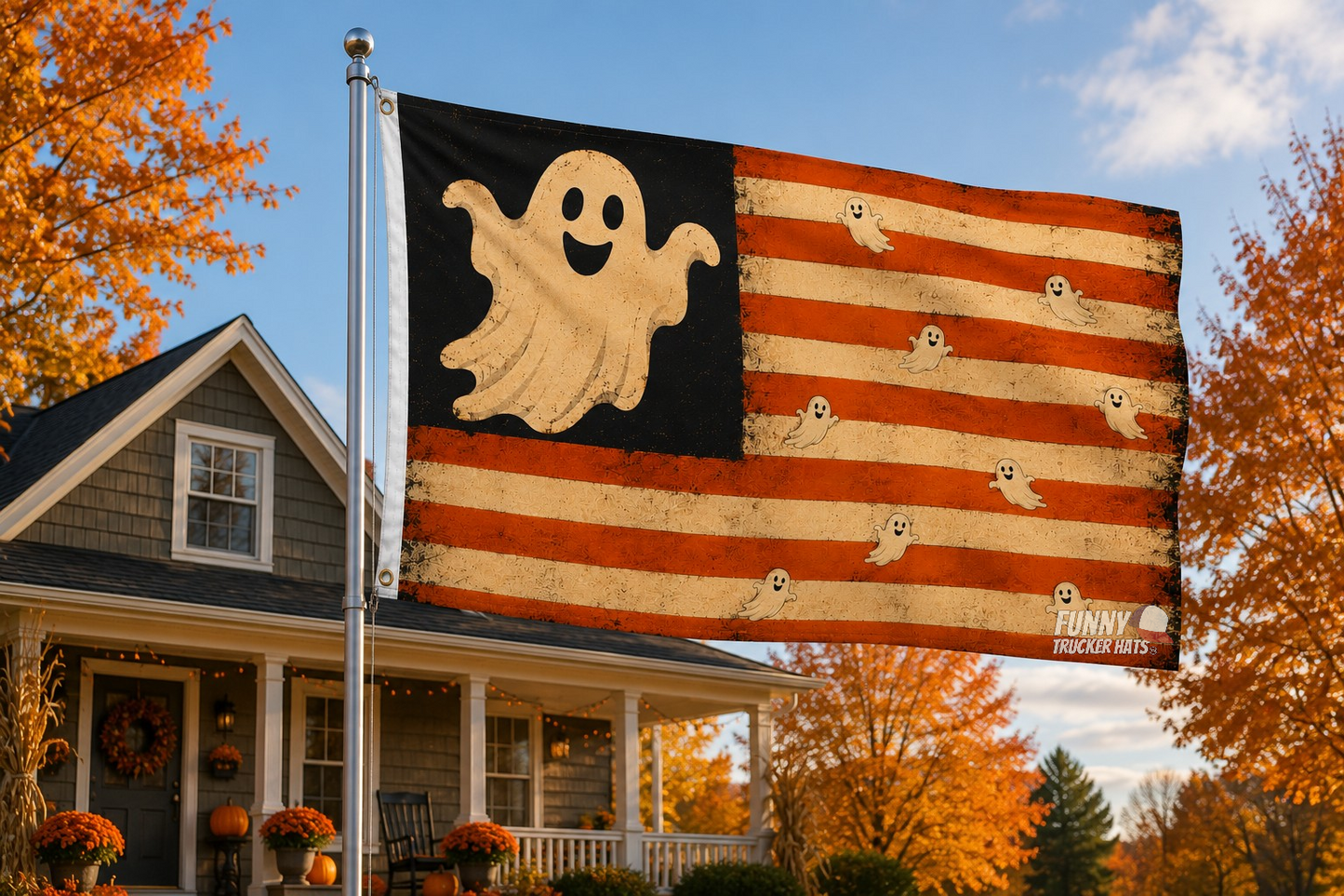 Ghost Americana Halloween Flag | Vintage 3x5 Ghost Flag | Patriotic Halloween Porch Decor