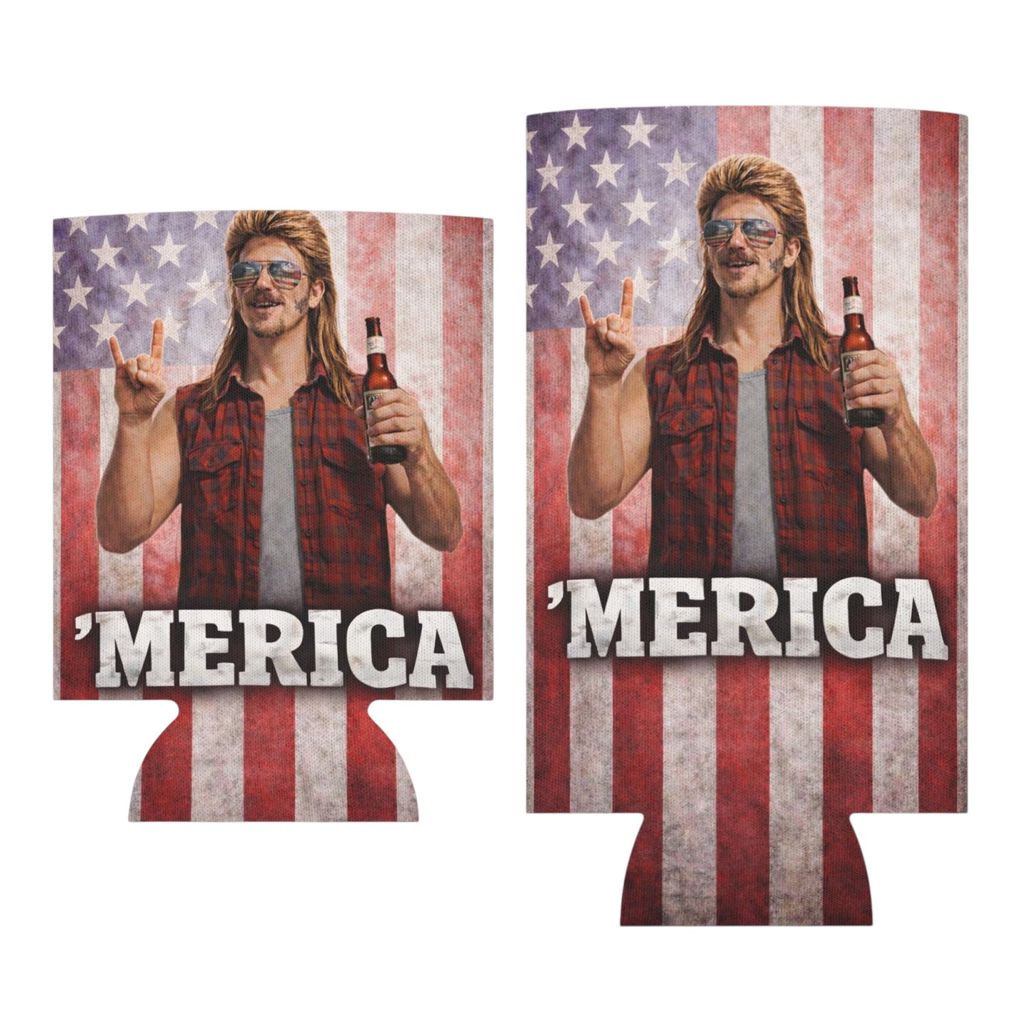 Merica' Mullet Man American Flag Funny Beer Can Cooler Holder Sleeve