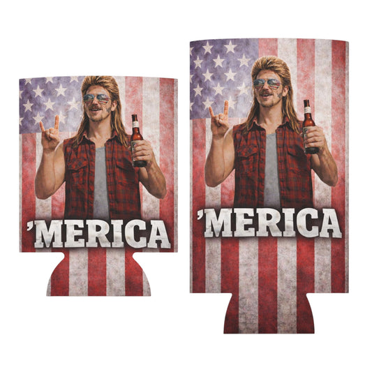 Merica' Mullet Man American Flag Funny Beer Can Cooler Holder Sleeve