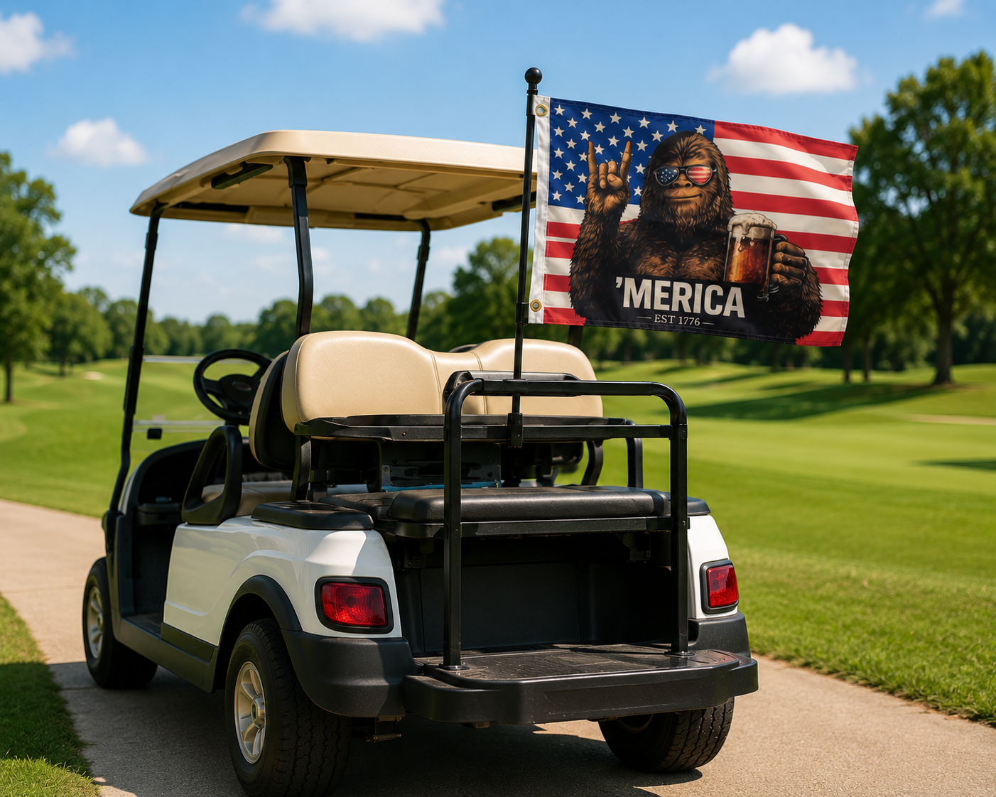 'Merica Bigfoot Golf Cart Flag | Double Sided 12x18 Patriotic Golf Cart Flag