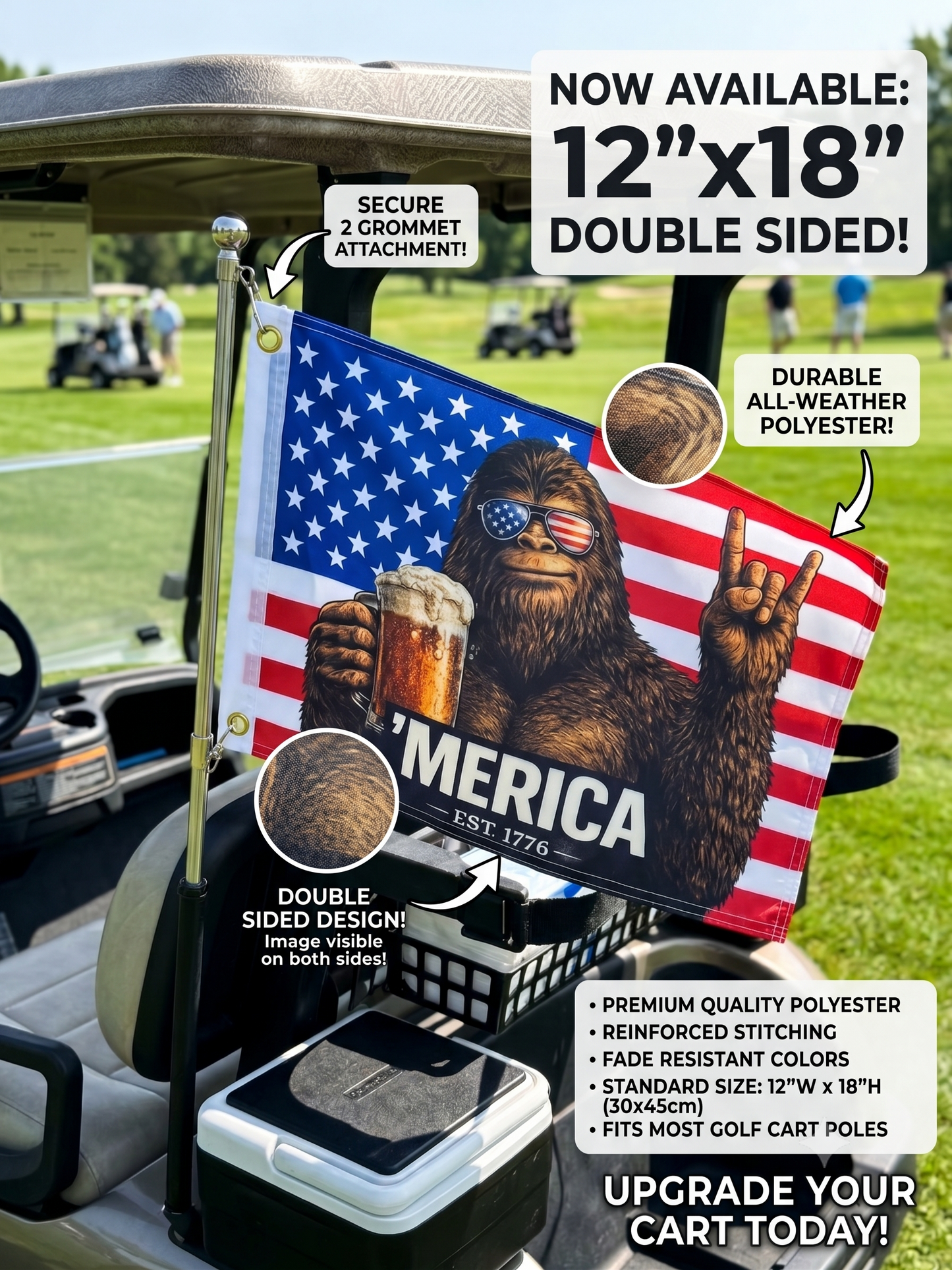 'Merica Bigfoot Golf Cart Flag | Double Sided 12x18 Patriotic Golf Cart Flag