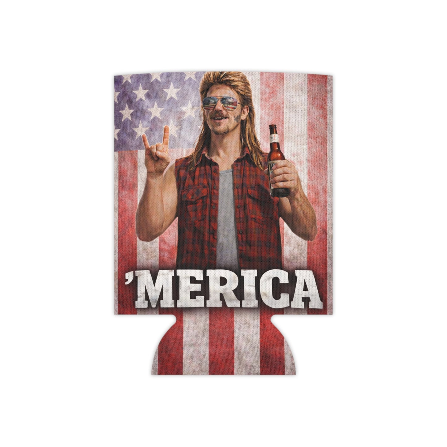 Merica' Mullet Man American Flag Funny Beer Can Cooler Holder Sleeve
