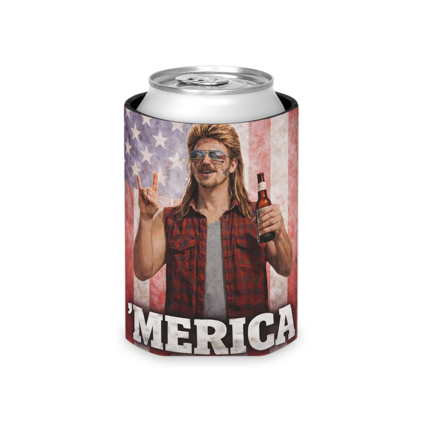 Merica' Mullet Man American Flag Funny Beer Can Cooler Holder Sleeve