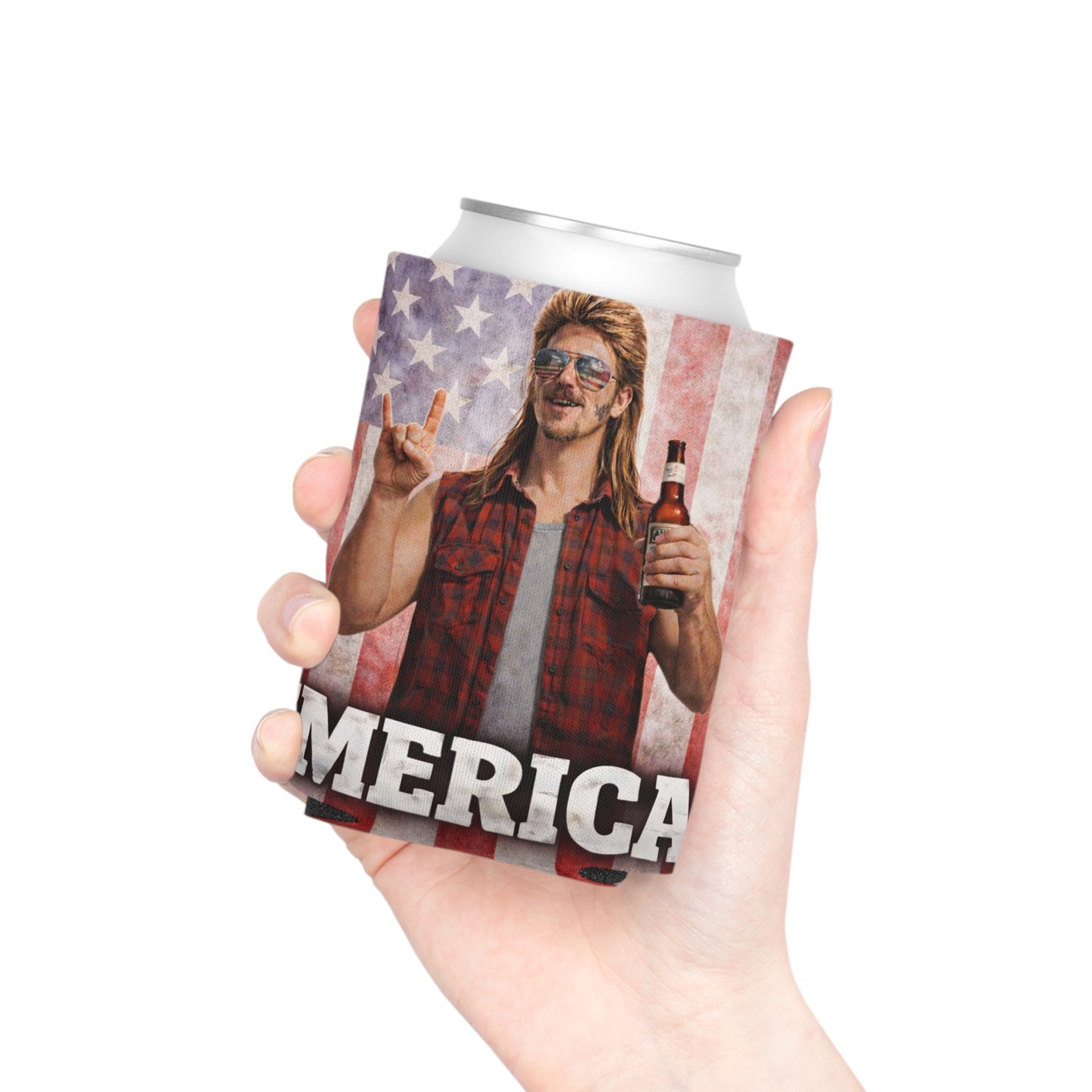 Merica' Mullet Man American Flag Funny Beer Can Cooler Holder Sleeve