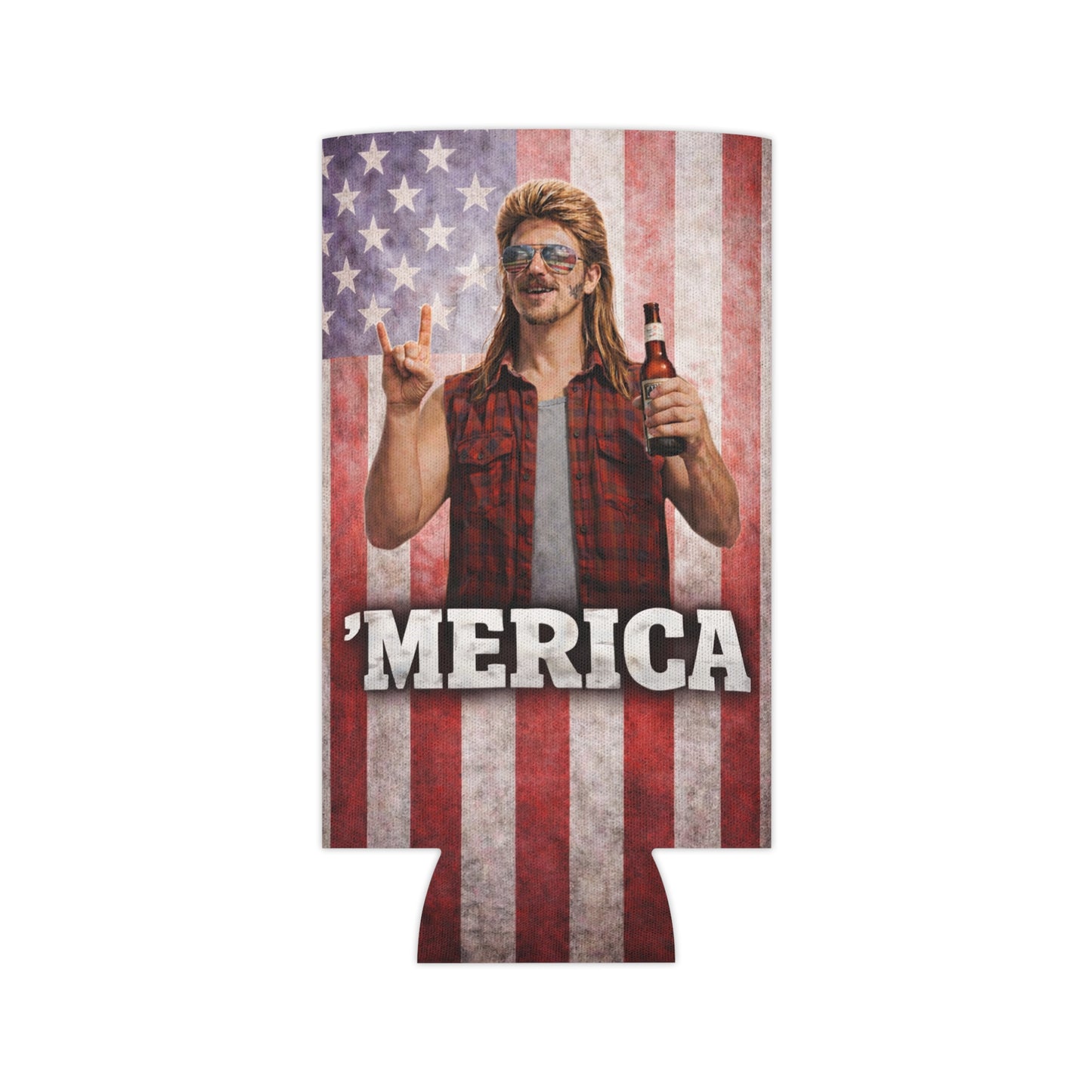 Merica' Mullet Man American Flag Funny Beer Can Cooler Holder Sleeve