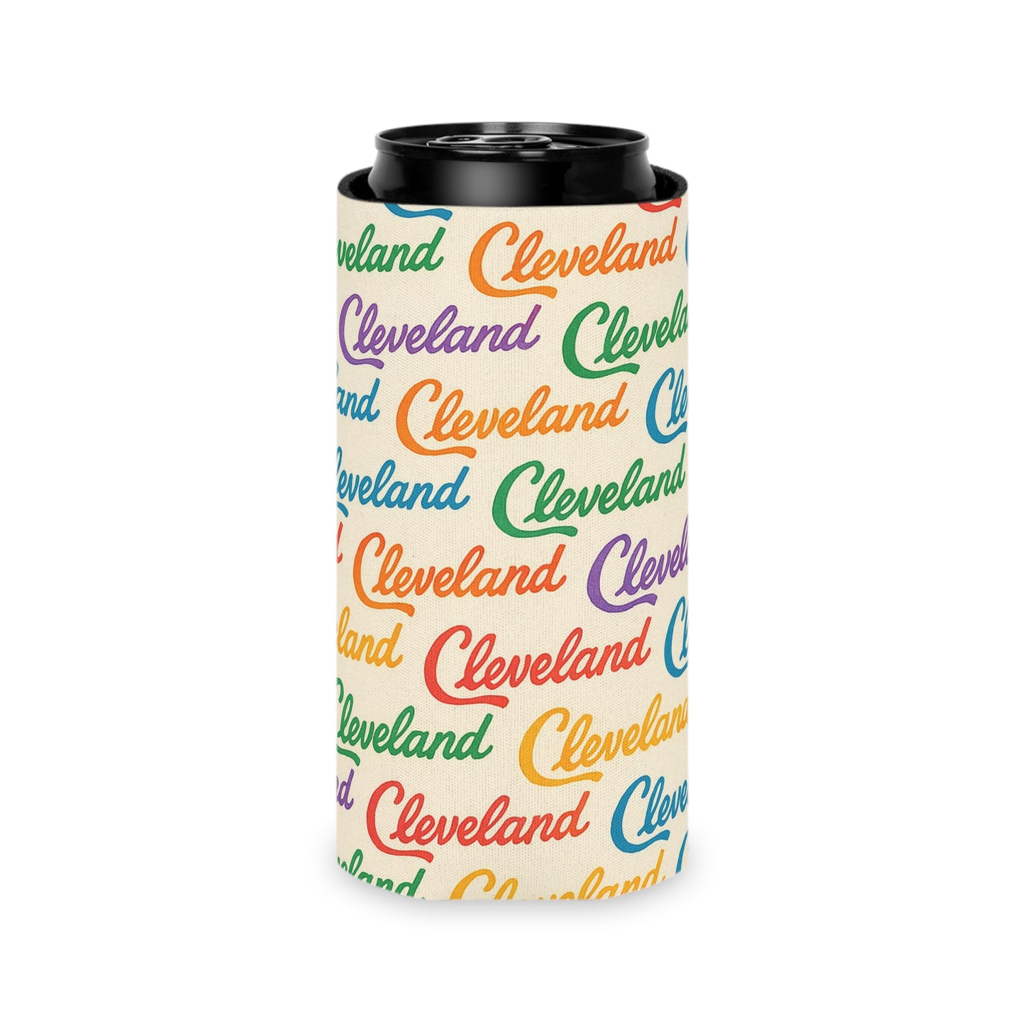 Cleveland Script All Over Print Beer Can Cooler Holder Sleeve