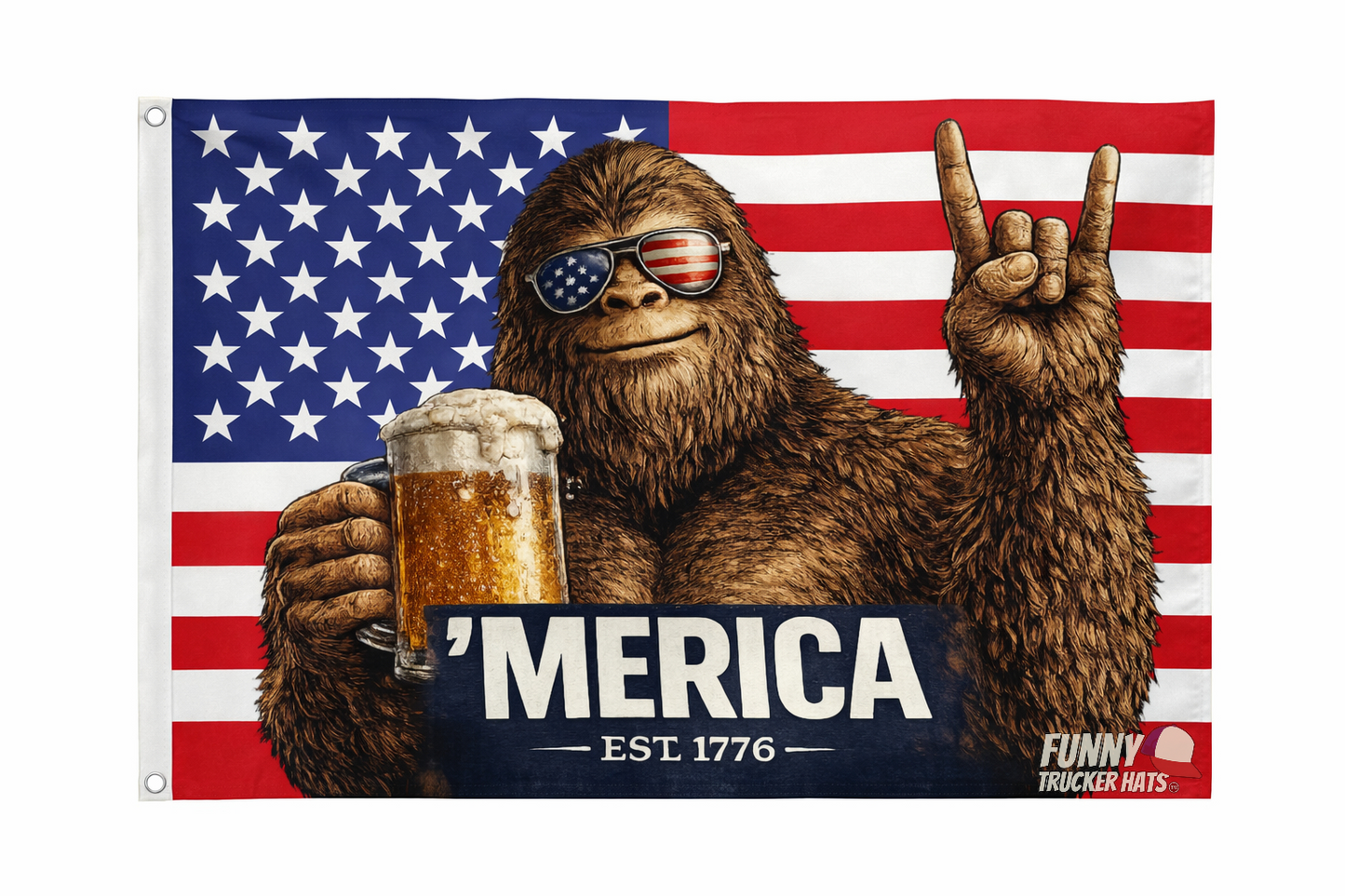 'Merica Bigfoot American Flag | Funny Patriotic Flag | Single or Double Sided | 3x5 & 12x18 Golf Cart Flag