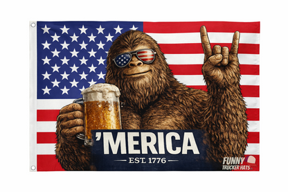 'Merica Bigfoot American Flag | Funny Patriotic Flag | Single or Double Sided | 3x5 & 12x18 Golf Cart Flag