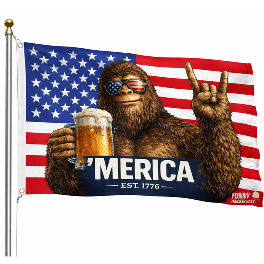 'Merica Bigfoot American Flag | Funny Patriotic Flag | Single or Double Sided | 3x5 & 12x18 Golf Cart Flag