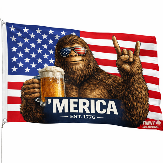 MERICA' Bigfoot Sasquatch Funny American Flag 3x5 Wall Decor Banner