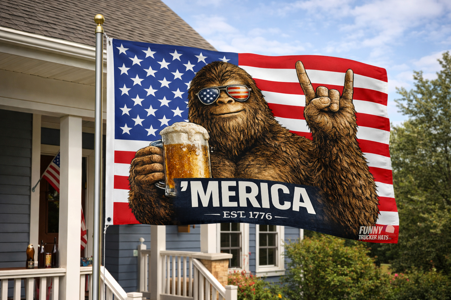 MERICA' Bigfoot Sasquatch Funny American Flag 3x5 Wall Decor Banner