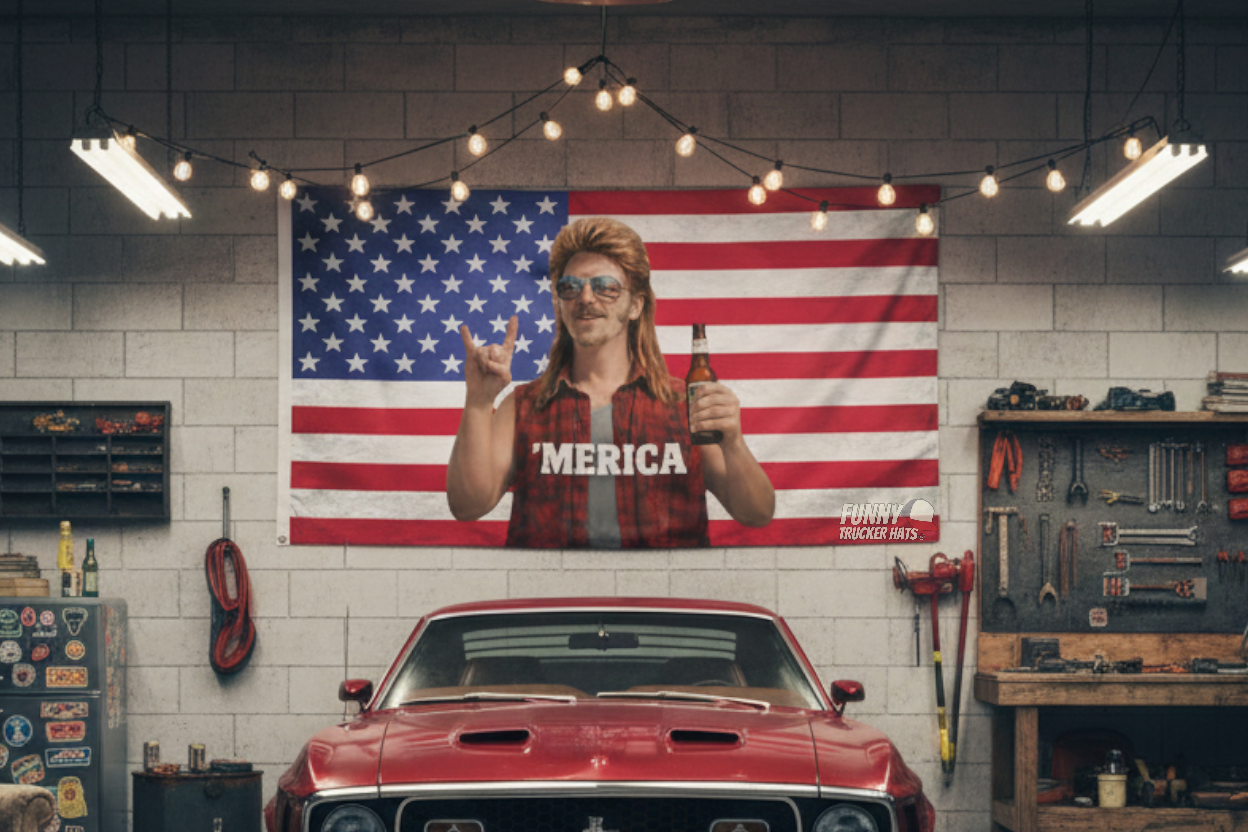 MERICA' Mullet Man Funny American Flag 3x5 Wall Decor Banner