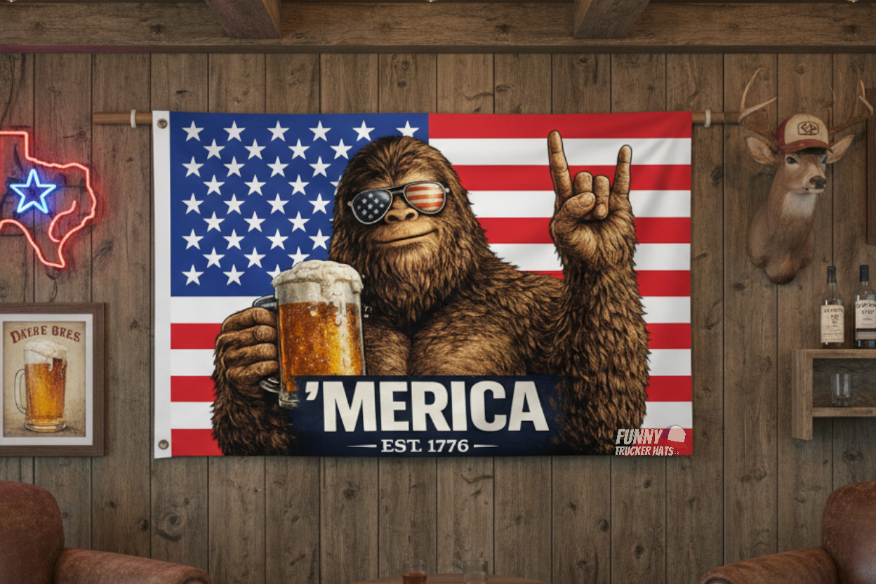 'Merica Bigfoot American Flag | Funny Patriotic Flag | Single or Double Sided | 3x5 & 12x18 Golf Cart Flag