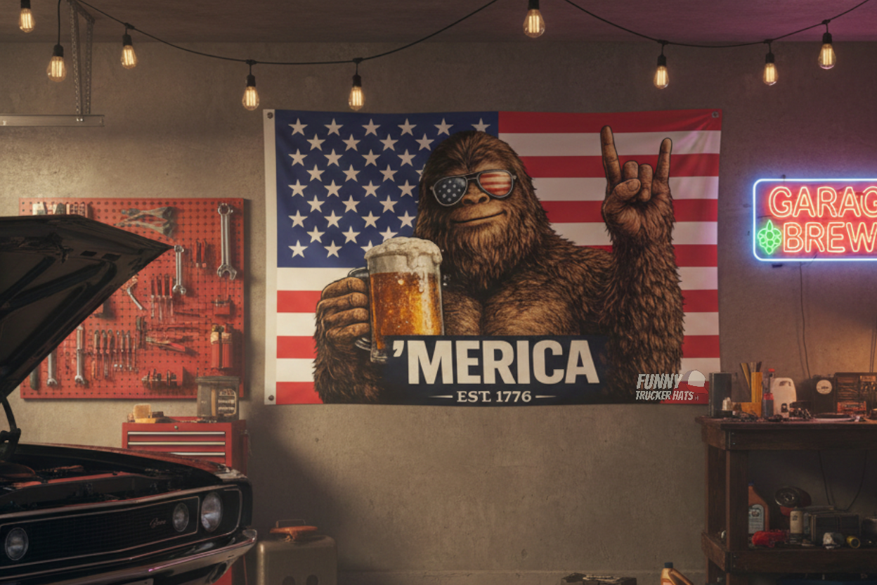 'Merica Bigfoot American Flag | Funny Patriotic Flag | Single or Double Sided | 3x5 & 12x18 Golf Cart Flag