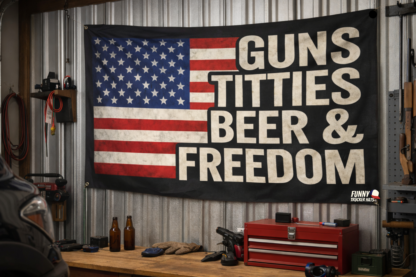 Guns Titties Beer Freedom American Flag 3x5 Wall Decor Banner